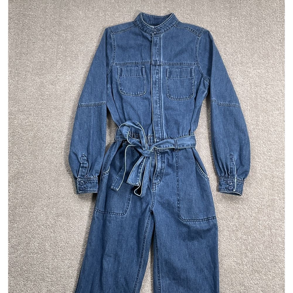 Old Navy Jumpsuit Women ST Blue Military Mandarin Zip DenimTaper Long Sleeve